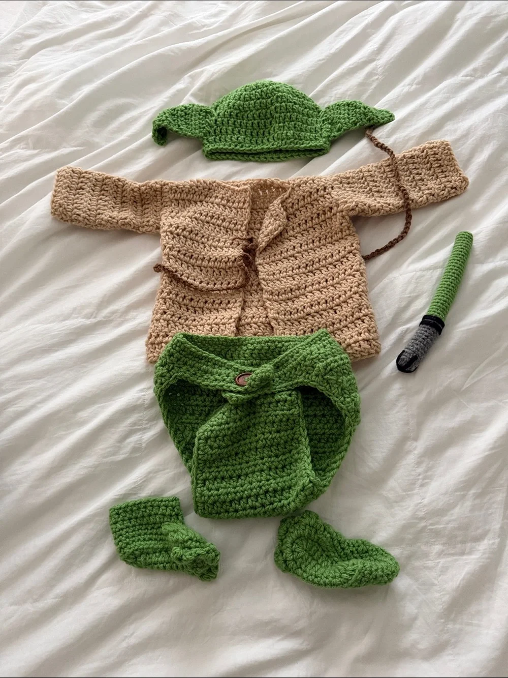 Green and Tan Baby Yoda Crochet Costume Set for Kids